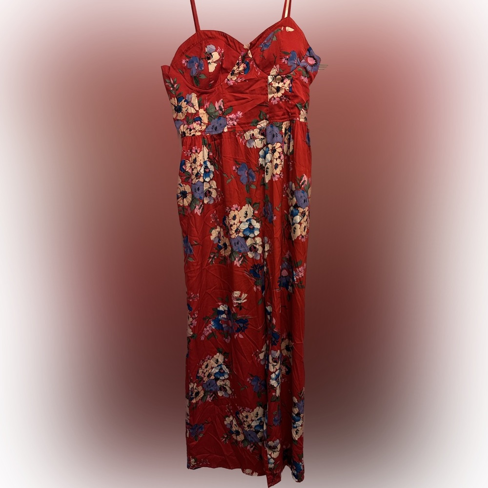 Red floral Sweetheart neckline jumpsuit